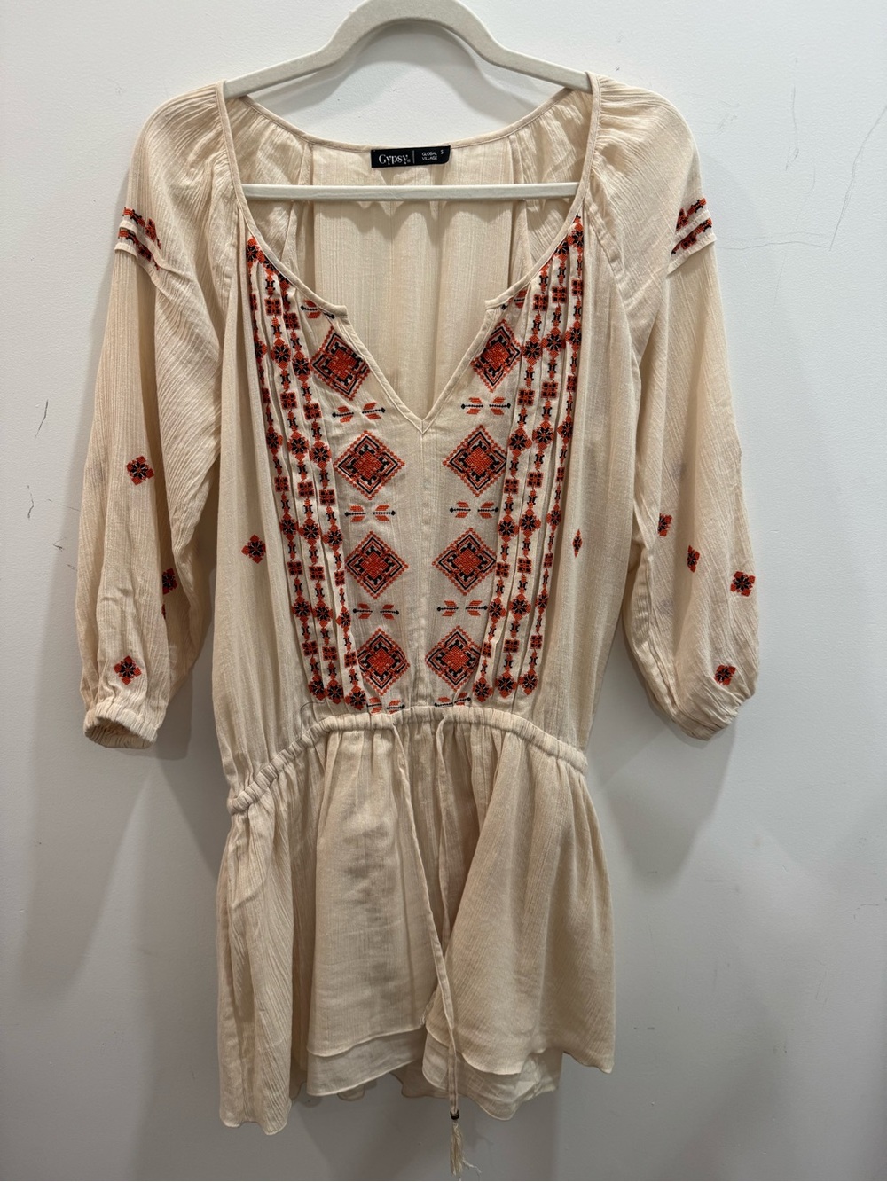 Gypsy 05 Embroidered Boho Peasant Dress in Cream with Red Accents